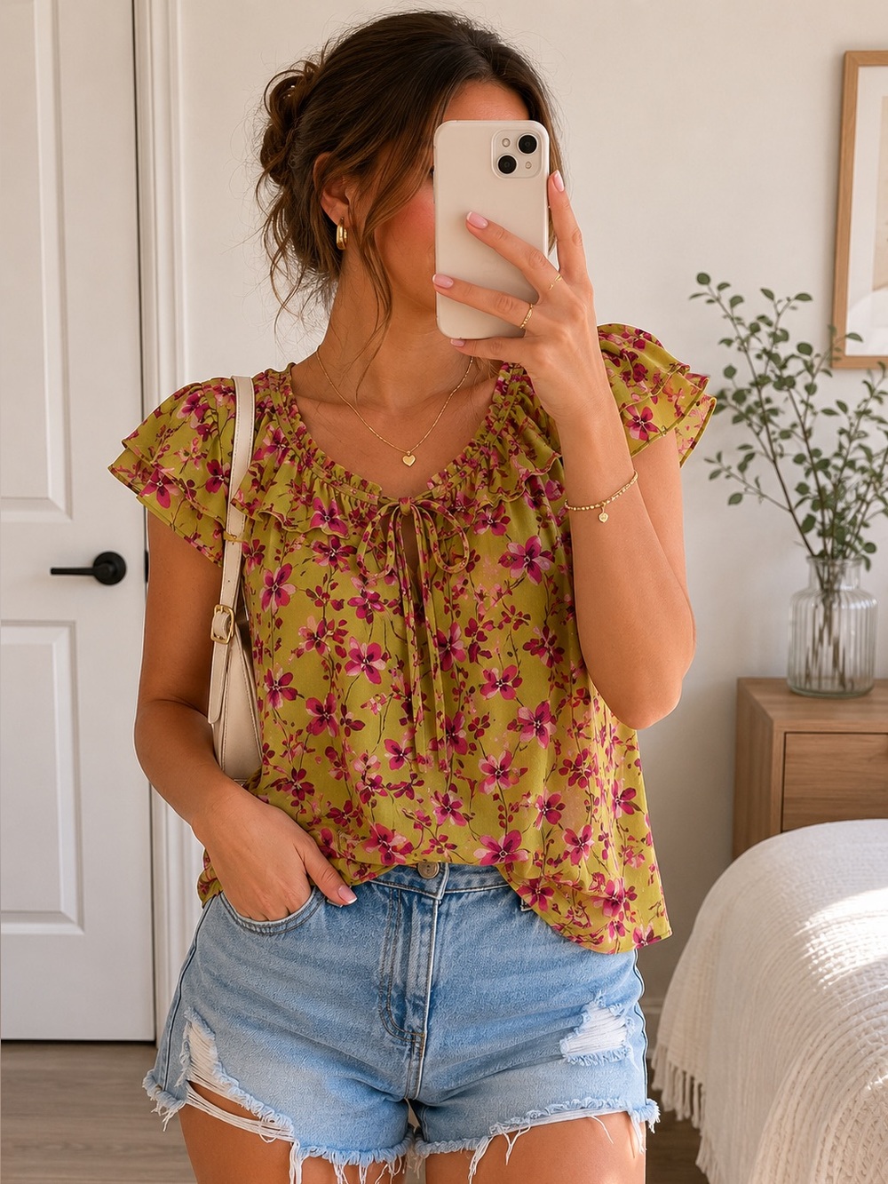 Violet b. Floral Blouse Ruffle Sleeve Sz S